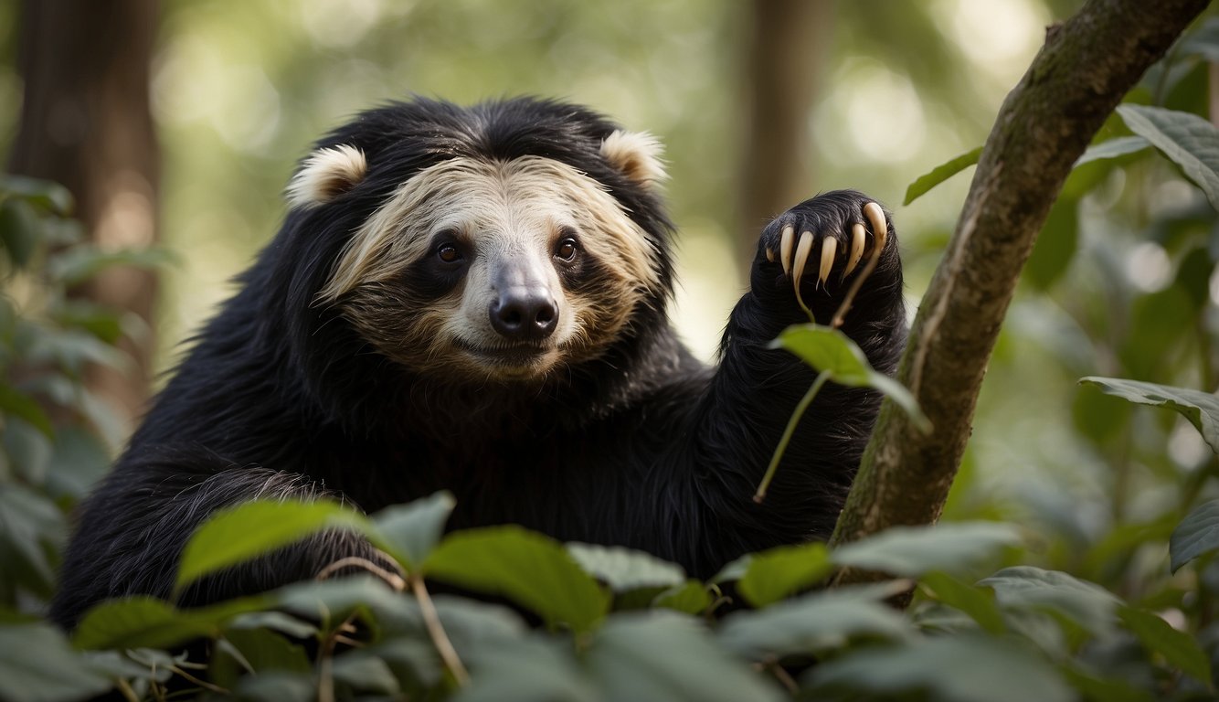 A sloth bear forages for honey in an Indian forest, surrounded by lush greenery and diverse wildlife.

Its long claws and shaggy coat are on display as it searches for its favorite treat