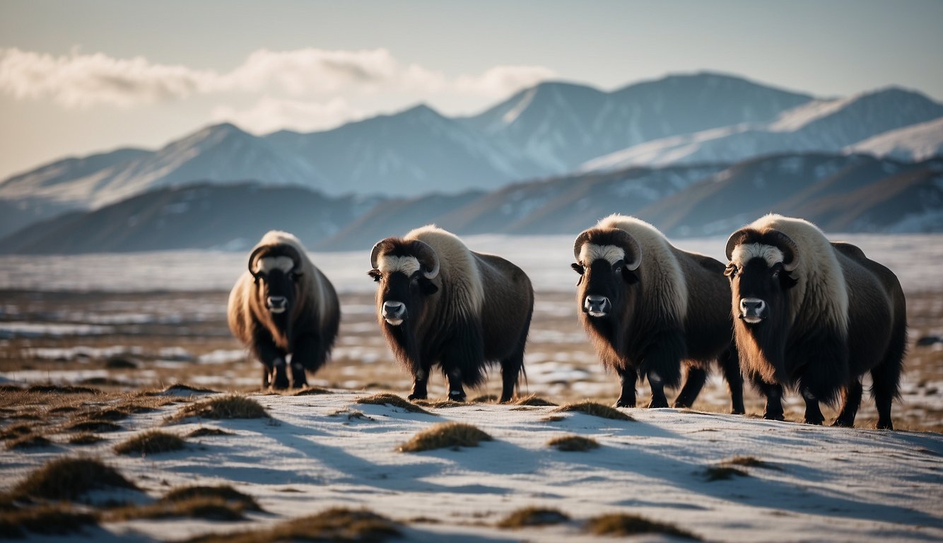 A group of muskoxen stand strong on the icy tundra, their thick fur protecting them from the harsh Arctic winds.

The landscape is barren and desolate, with snow-covered mountains in the distance