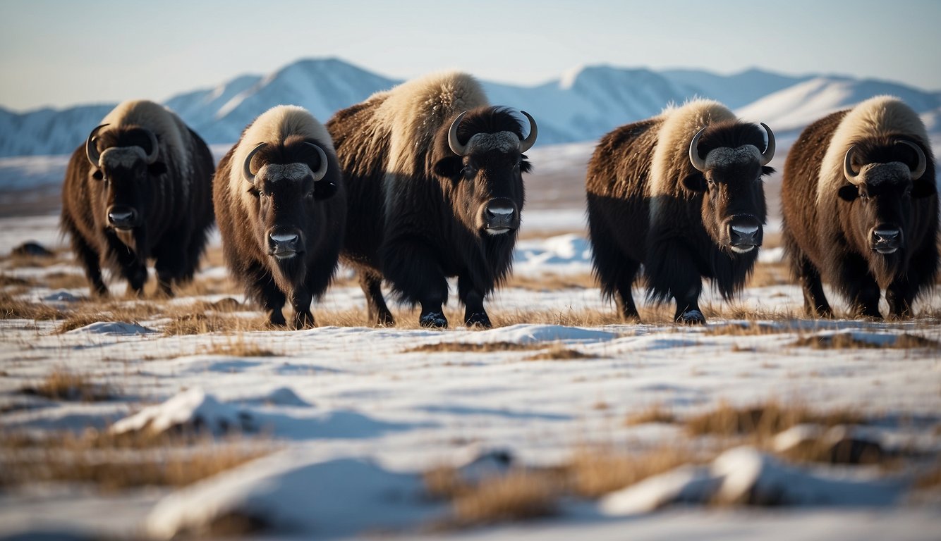 A herd of muskoxen grazes on the snowy tundra, their thick fur protecting them from the harsh Arctic winds.

They forage for lichens, grasses, and shrubs, their powerful bodies adapted to survive in this unf
