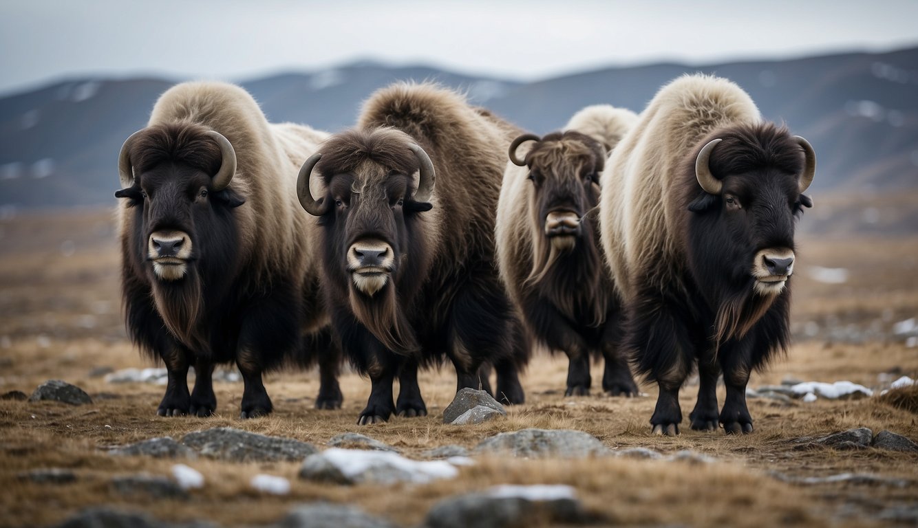 Mighty muskoxen stand strong against biting winds and icy terrain, their shaggy coats braving the elements.

They gather in a tight-knit circle, facing outward, a symbol of resilience in the harsh Arctic tundra