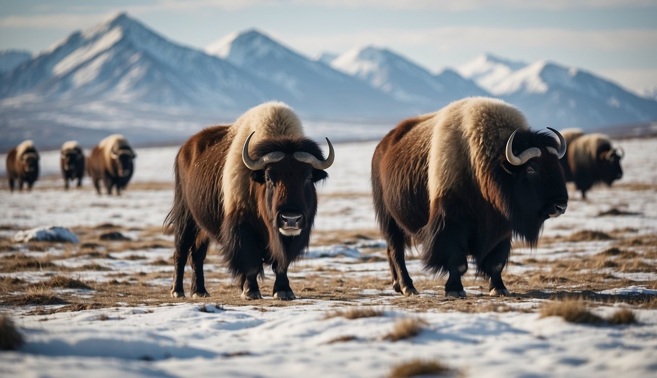 A herd of mighty muskoxen graze on the snowy Arctic tundra, with dominant bulls protecting their females and calves.

The landscape is vast and barren, with snow-covered mountains in the distance
