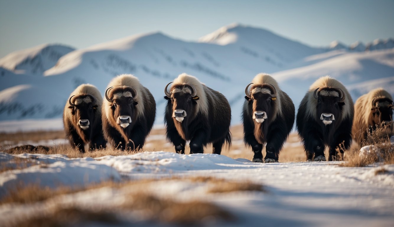 A group of mighty muskoxen roam the vast, snowy Arctic tundra, their thick fur protecting them from the biting cold as they forage for food