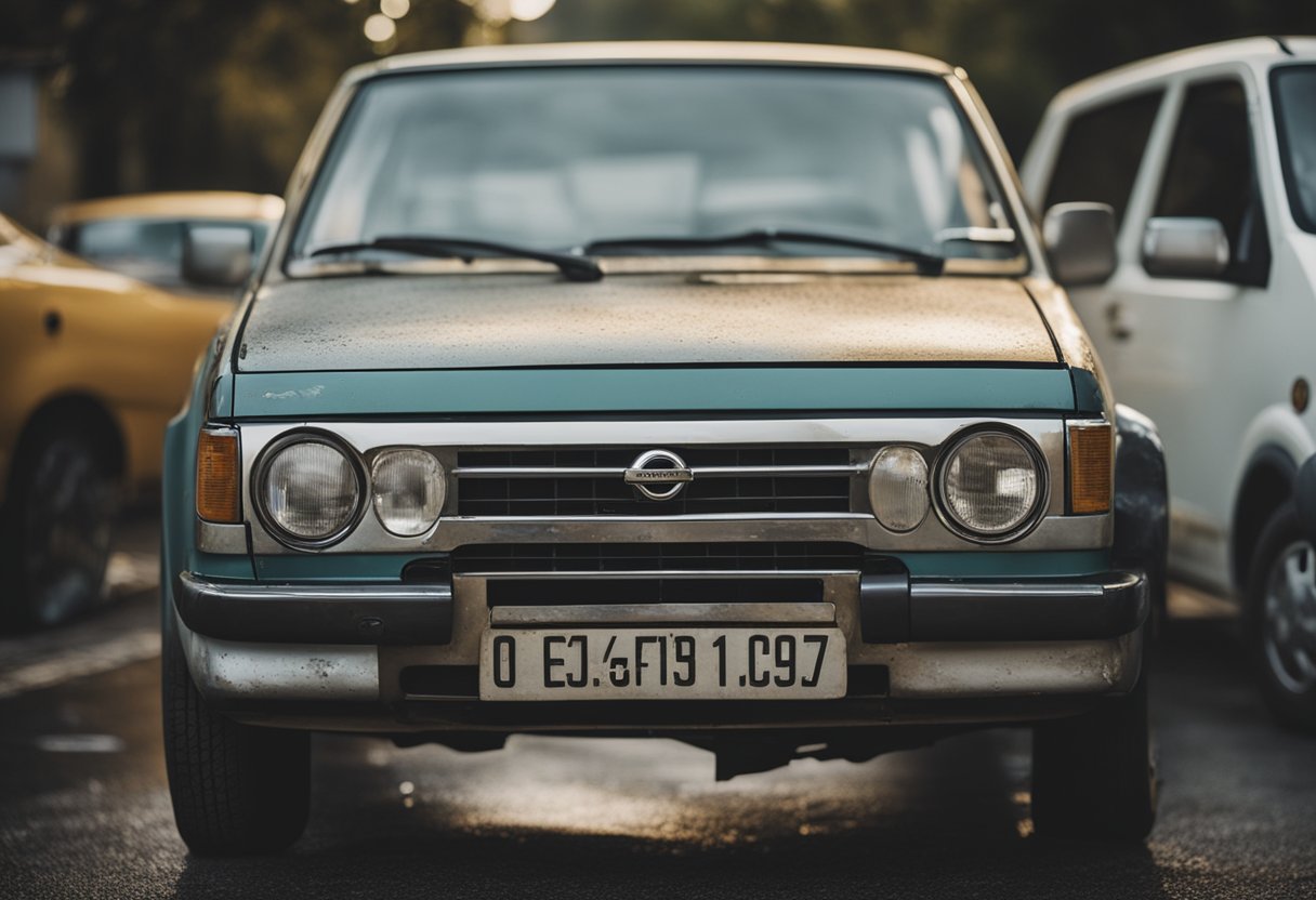 A Nissan car with peeling and faded paint, surrounded by frustrated owners