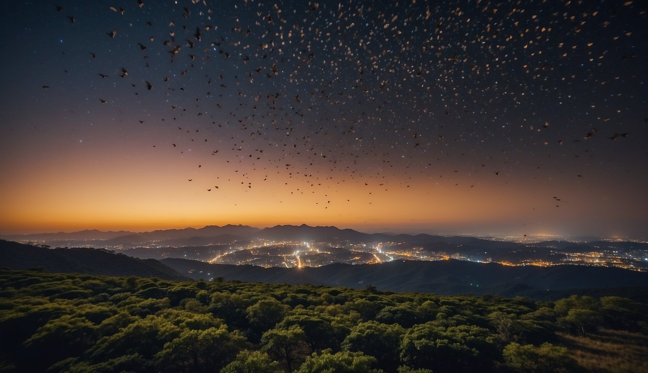 A colony of flying foxes fills the night sky, their wings outstretched as they soar through the air in search of fruit and nectar