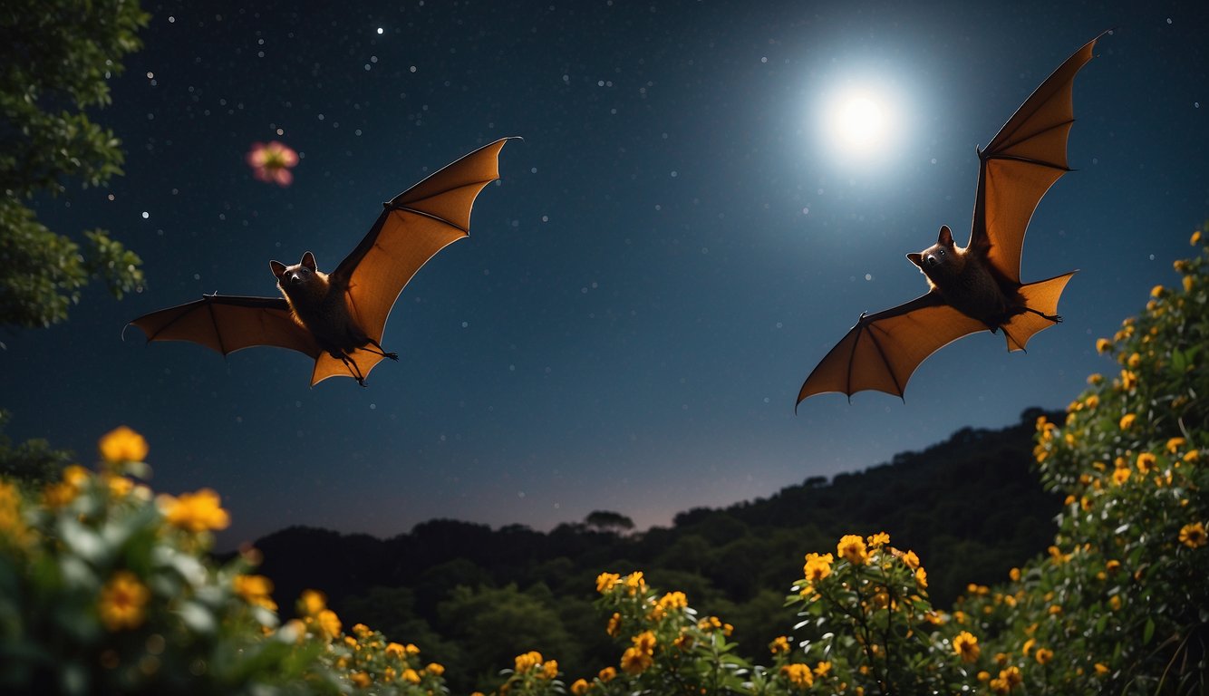 Flying foxes soar through the night sky, their massive wings outstretched as they pollinate flowers and disperse seeds, vital to the health of the forest ecosystem