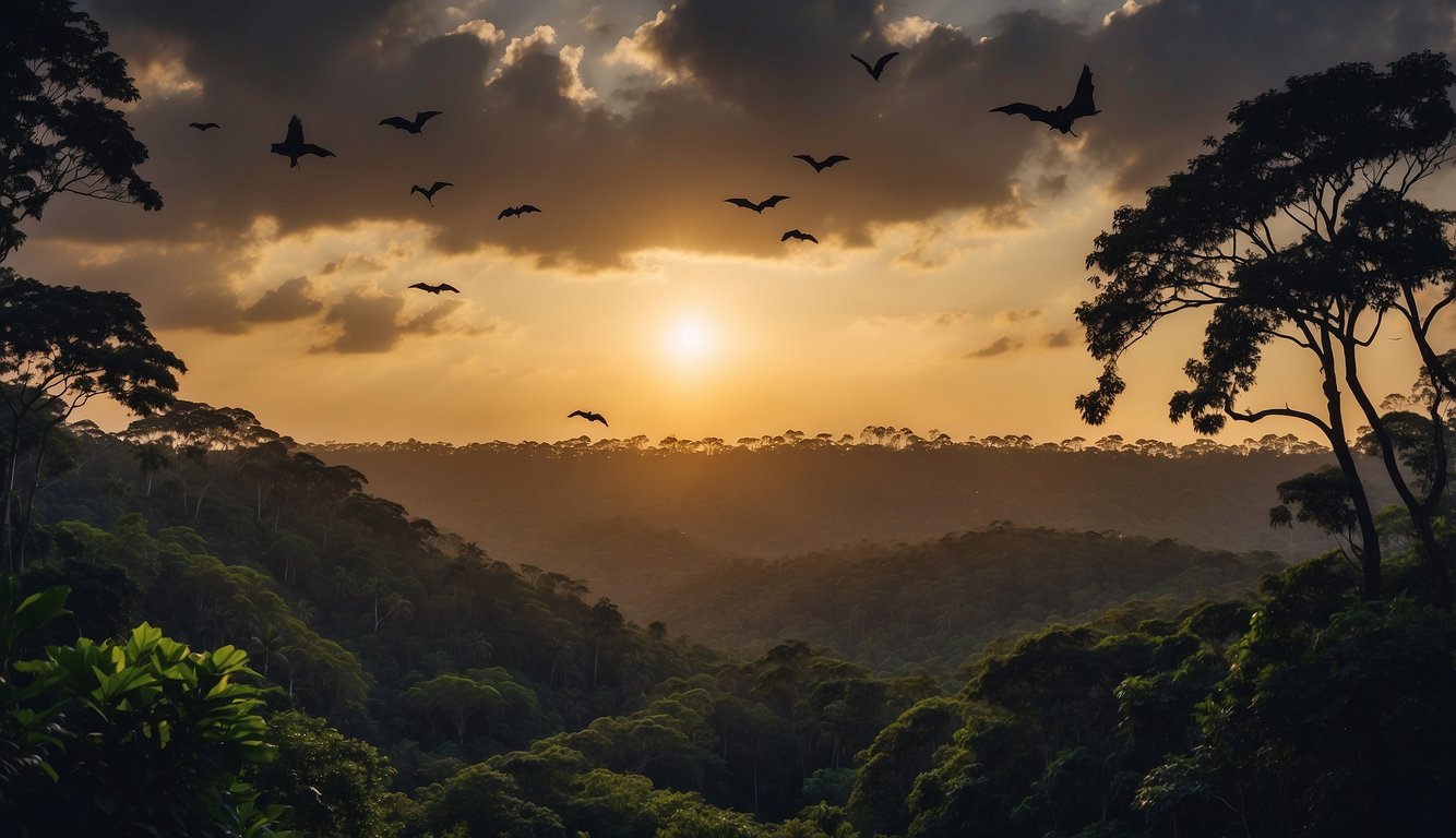 Flying foxes soar through a lush, tropical forest at dusk, their massive wings silhouetted against the fading light.

Threats like deforestation and hunting loom in the background