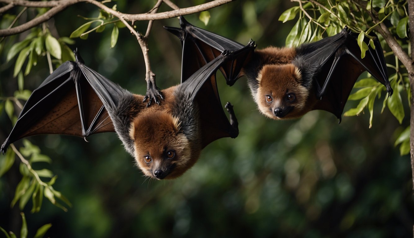Flying foxes in a nocturnal forest, hanging upside down from tree branches, grooming each other and emitting high-pitched squeaks