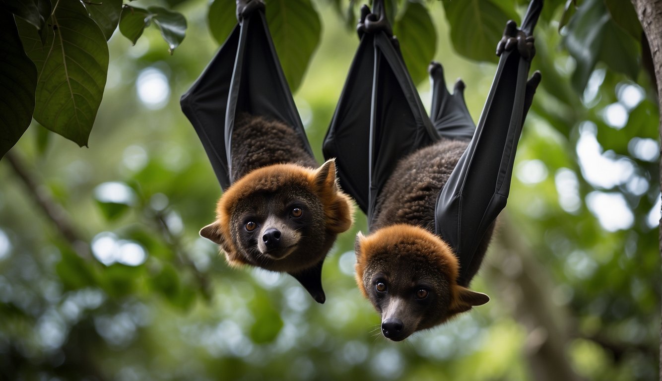 A colony of flying foxes hangs upside down from tree branches, their wings outstretched as they rest during the day.

The giants of the bat world are seen in a lush, tropical forest setting