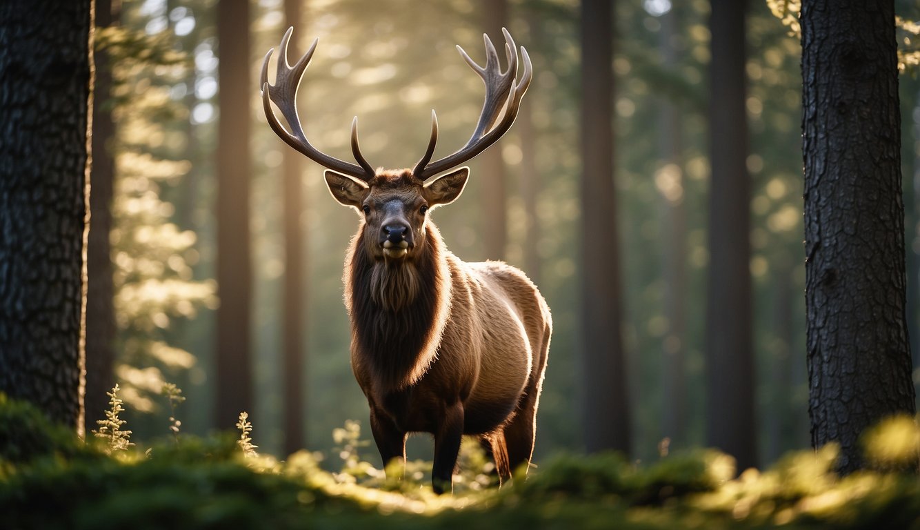A majestic elk stands tall in a lush, dense forest.

Sunlight filters through the towering trees, casting a warm glow on the noble creature