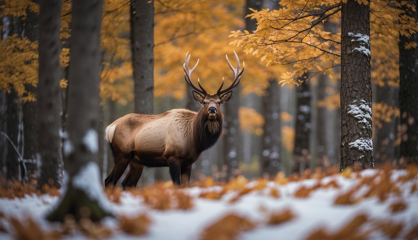 A majestic elk stands in a forest clearing, surrounded by vibrant autumn leaves.

Snow dusts its antlers in winter, and it grazes in a lush meadow in spring