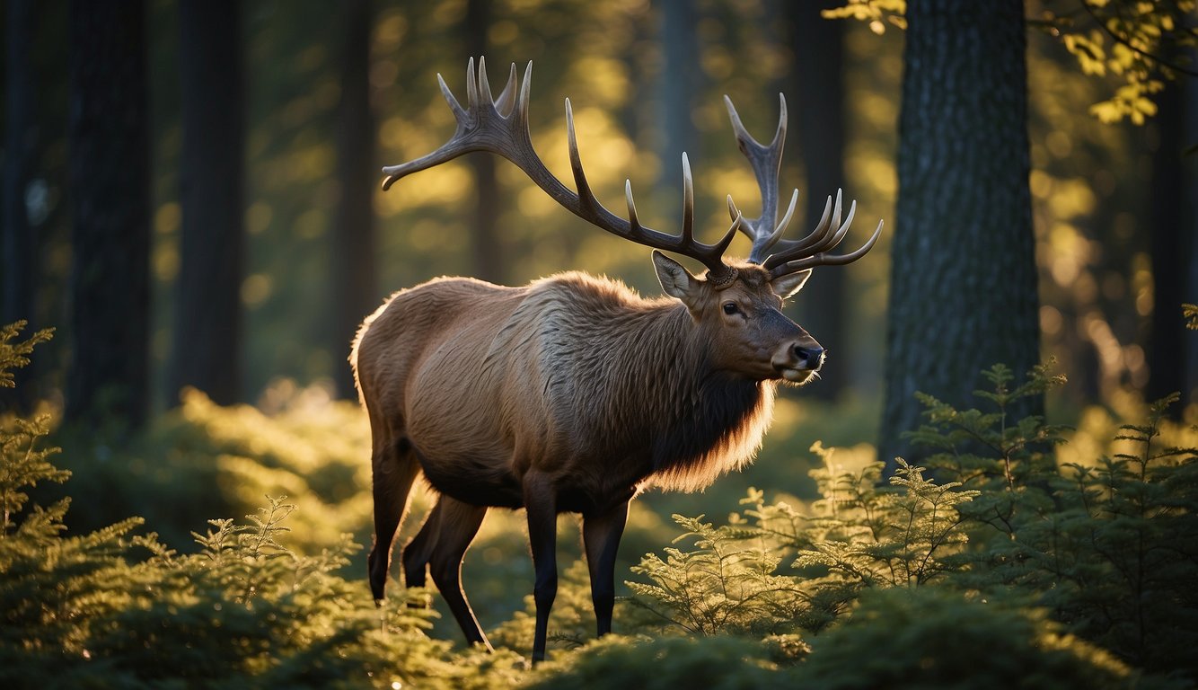 The noble elk grazes in a lush forest clearing, surrounded by towering trees.

Its powerful antlers catch the sunlight as it stands regally, surveying its domain