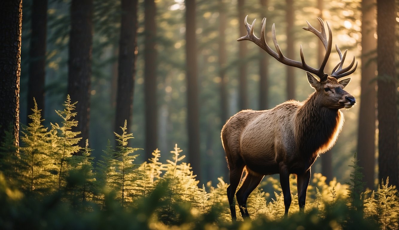 A majestic elk stands proudly in a lush forest, surrounded by towering trees and vibrant foliage.

The sunlight filters through the canopy, casting a warm glow on the noble creature