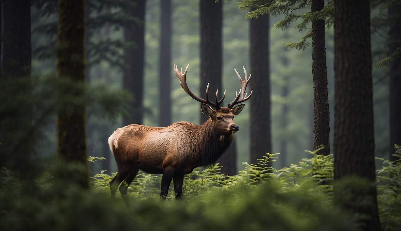 A majestic elk stands tall in a lush forest, surrounded by towering trees and vibrant foliage.

Its powerful presence exudes strength and nobility, capturing the essence of the giants of the forest