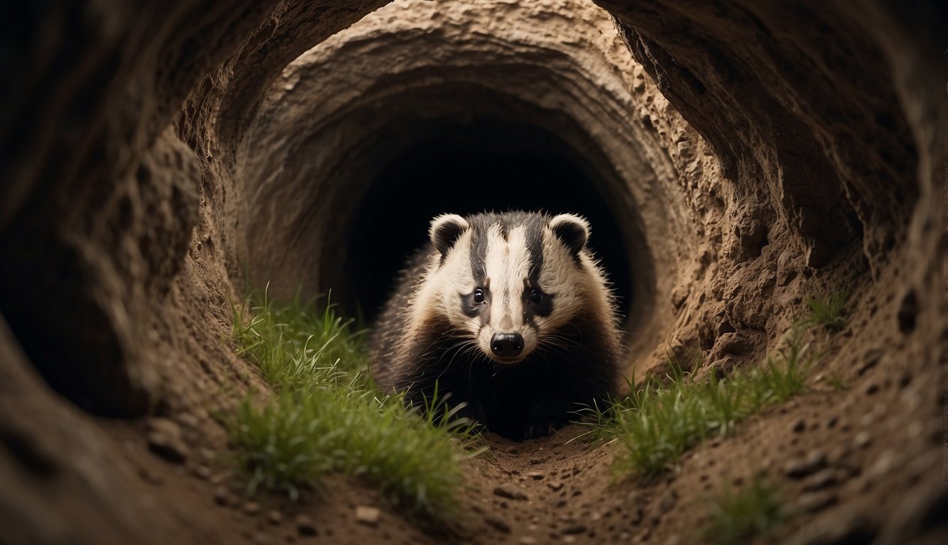 Badger burrows intertwine underground, with multiple tunnels leading to cozy sleeping chambers.

The earth is packed and smooth, with roots and rocks creating a natural labyrinth