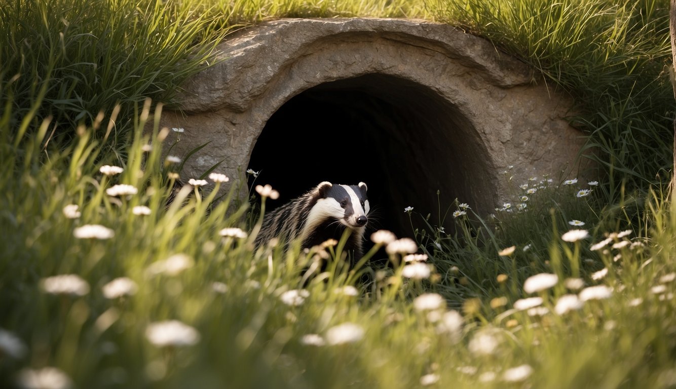 A badger burrow entrance is nestled among tall grasses and wildflowers, with a network of tunnels leading underground.

The setting is peaceful, with dappled sunlight filtering through the foliage