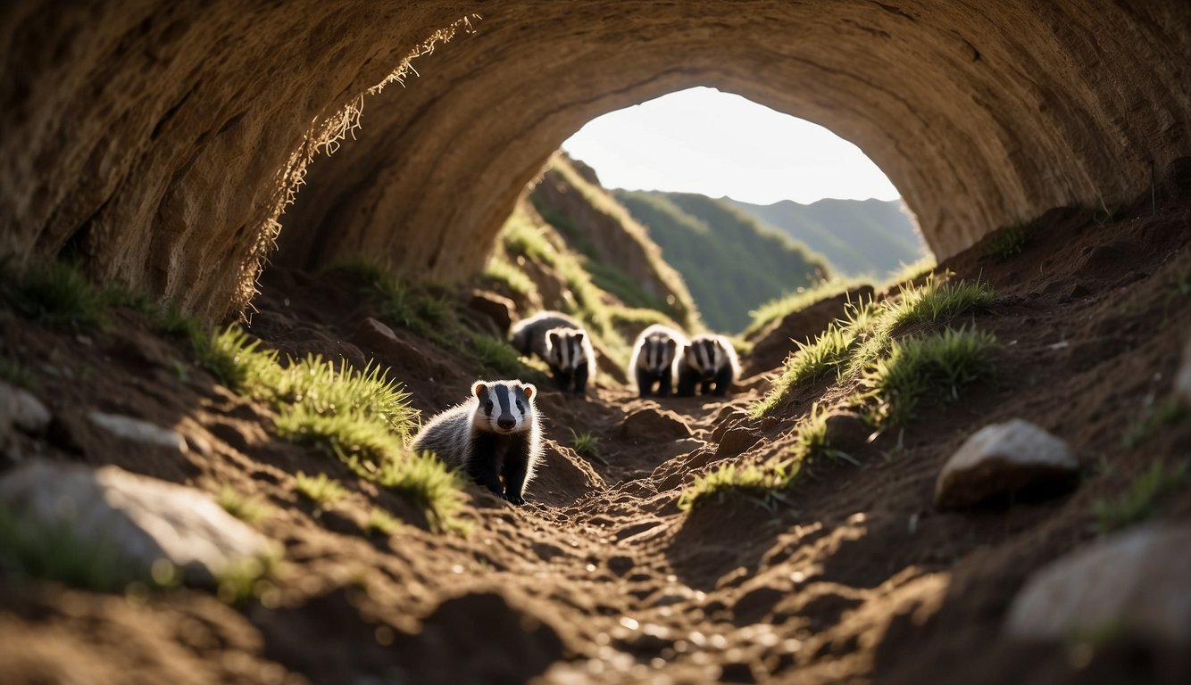 A network of burrows stretches under the earth, with tunnels intertwining and connecting different chambers.

The badgers are seen digging and maintaining their intricate underground homes, with various passages and nesting areas