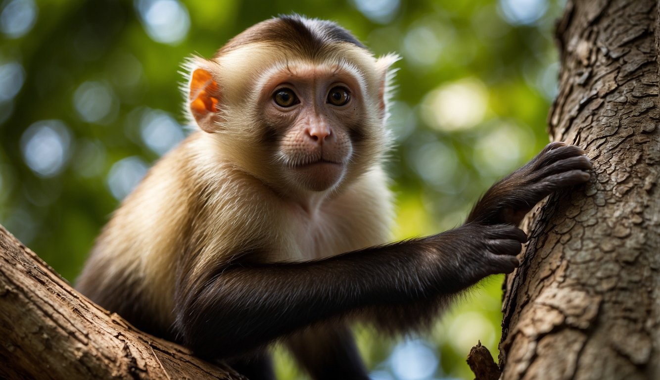A capuchin monkey deftly uses a stick to extract insects from a tree trunk, showcasing their tool-using abilities in the treetops