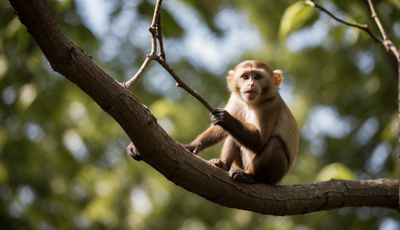 Capuchin monkeys swing from branch to branch, using sticks to extract insects from tree crevices.

They navigate the treetops with agility and cleverness, showcasing their tool-using abilities