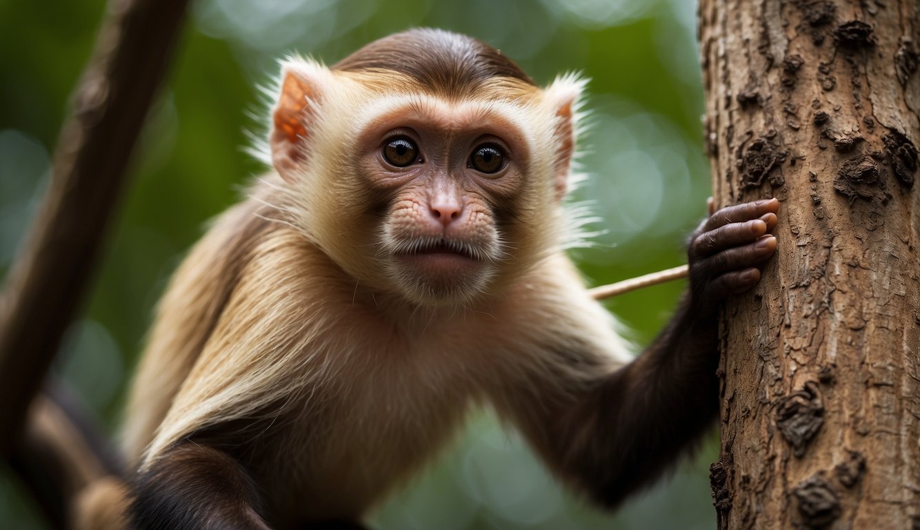 A capuchin monkey skillfully uses a stick to extract insects from a tree trunk, demonstrating their cleverness and tool-using abilities in their natural habitat
