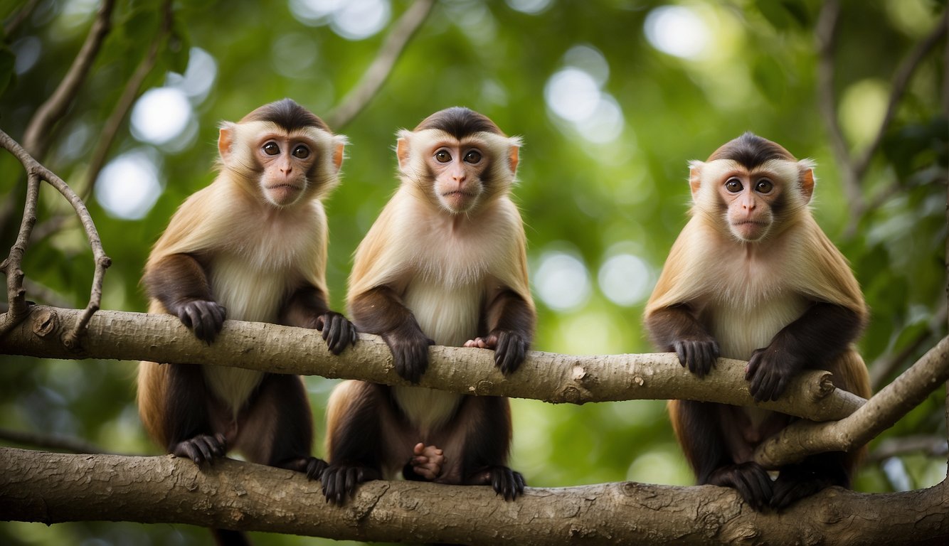 A group of capuchin monkeys use tools in the treetops, displaying their cleverness and adaptability in their natural habitat