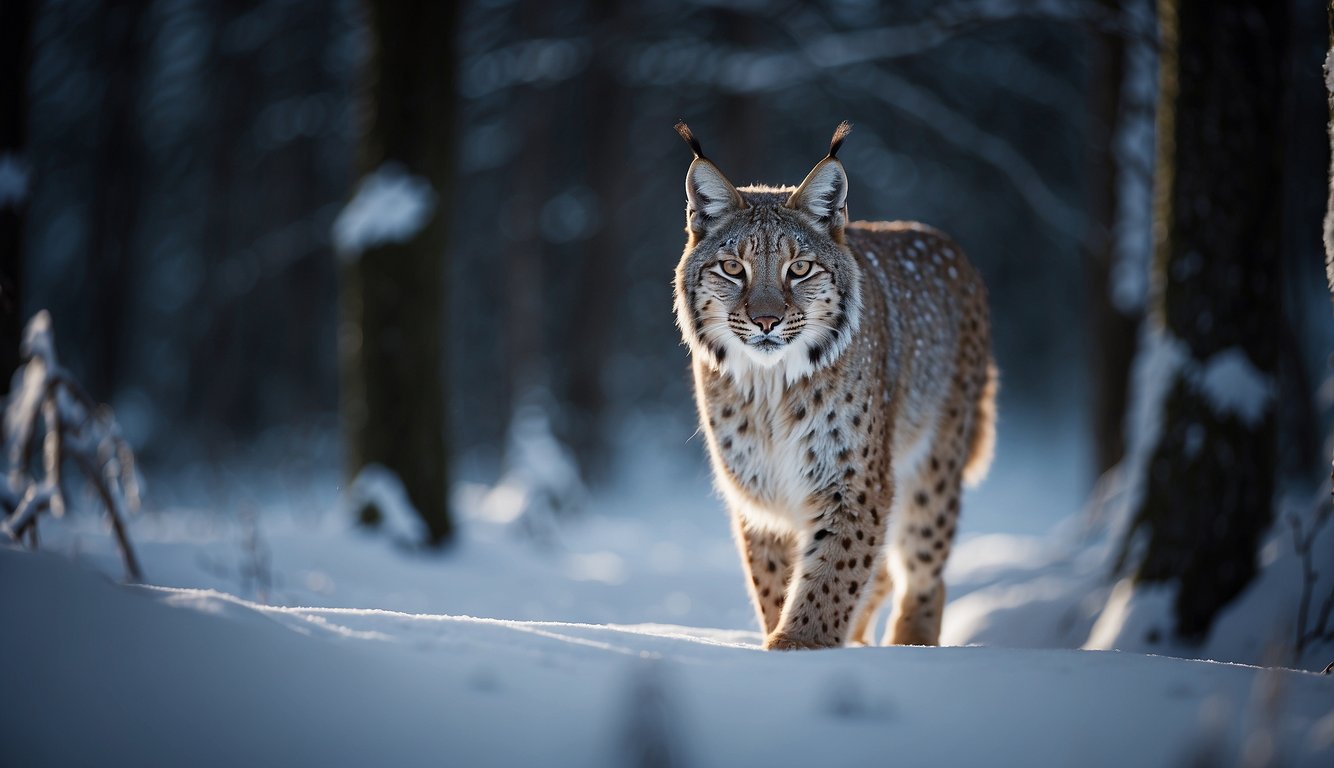A solitary lynx prowls through a moonlit snow-covered forest, its sleek fur blending seamlessly with the shadows.

The air is hushed, and the only sound is the muffled crunch of its paws on the icy ground