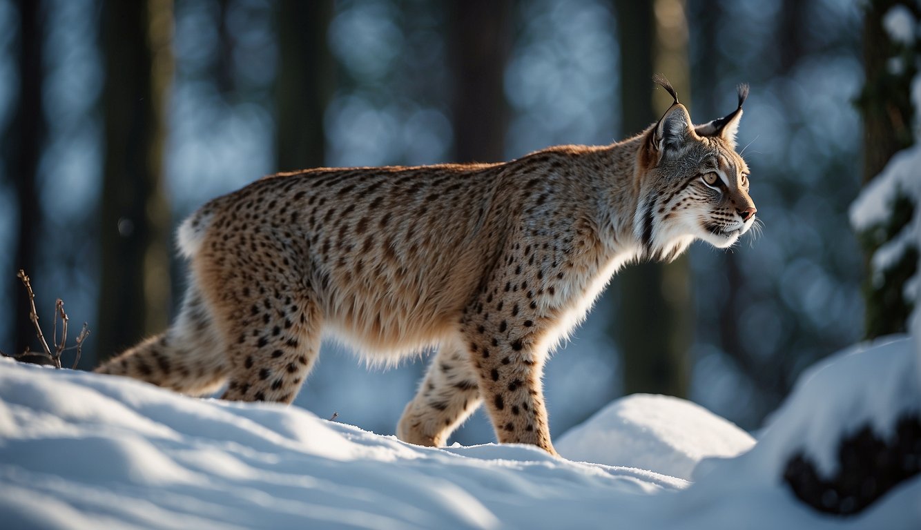 A lynx prowls through a snowy forest, its keen eyes scanning for prey.

The silent shadows of the trees create an air of mystery and intrigue