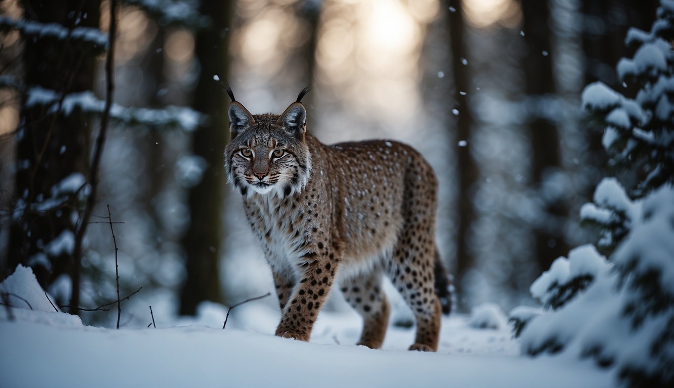 Lynx roam through a snowy forest, their powerful bodies blending into the shadows.

Researchers monitor their movements, working to ensure their survival