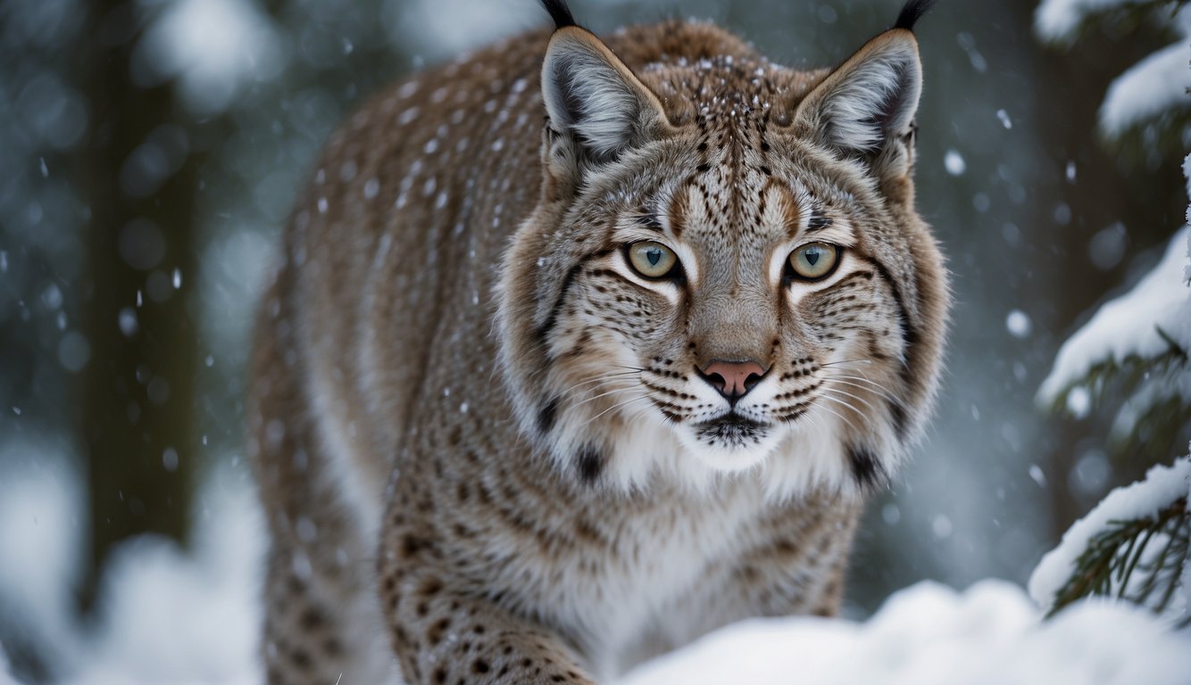 A lynx prowls through a snowy forest, its sleek fur blending seamlessly with the white landscape.

The silent predator's piercing eyes scan the surroundings, exuding an air of mystery and intrigue