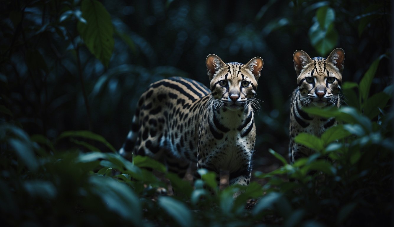 The ocelots prowled through the moonlit jungle, their sleek spotted fur blending into the shadows as they searched for their next prey