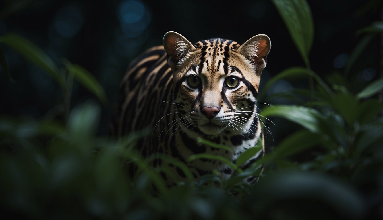 An ocelot prowls through a moonlit jungle, its spotted fur blending with the shadows.

The nocturnal predator's eyes gleam as it stalks its prey