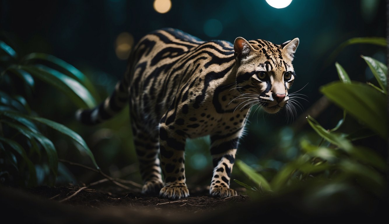 An ocelot prowls through the moonlit jungle, its spotted fur blending with the shadows.

It pauses to hunt, its keen eyes fixed on its prey