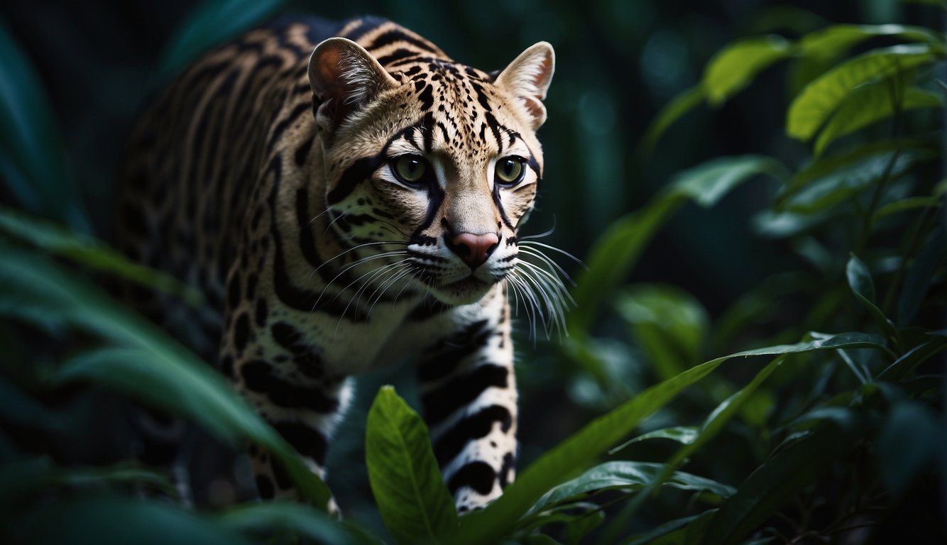 An ocelot prowls through the dense jungle under the moonlit sky, its spotted fur blending seamlessly with the shadows.

The lush foliage and mysterious atmosphere create an enchanting backdrop for the elusive creatures