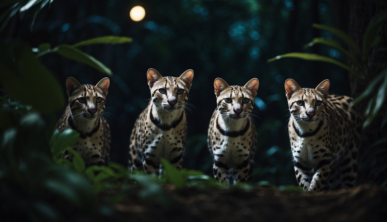 A group of ocelots roam through a moonlit jungle, their spotted fur blending with the shadows as they explore the night