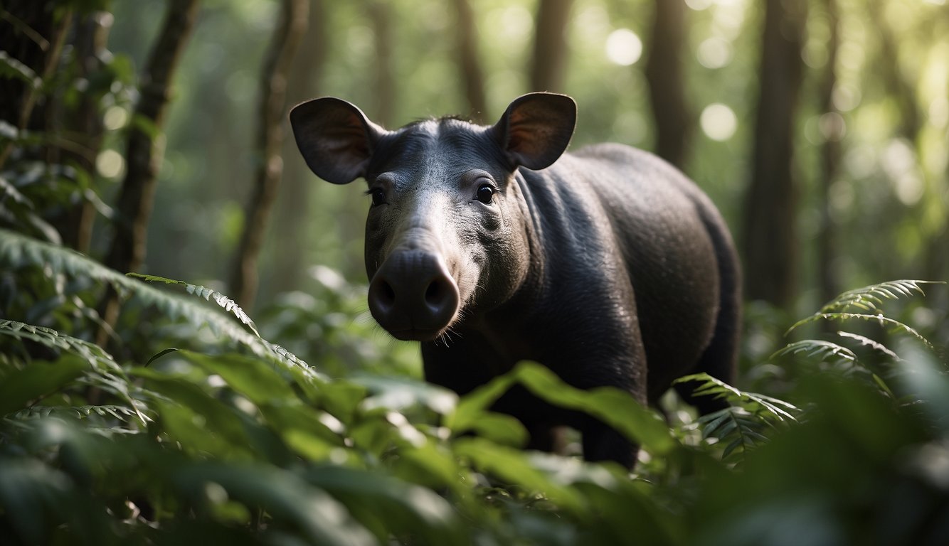 A tapir wanders through a lush rainforest, its long snout sniffing the air.

Brightly colored birds flit around, while dense foliage and towering trees create a sense of mystery and wonder
