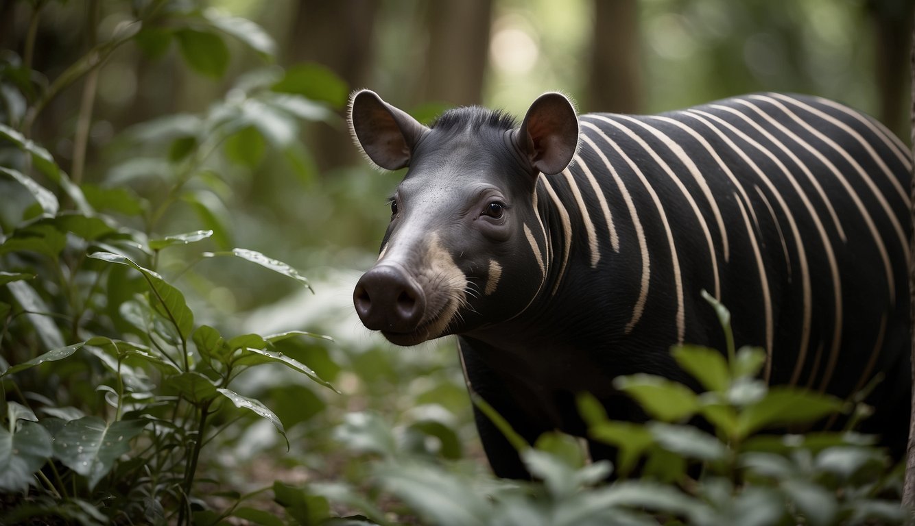 A tapir sniffs the air, its long nose twitching as it searches for food.

It moves gracefully through the dense jungle, blending in with the lush foliage.

The tapir's unique markings and gentle demeanor make it a fascinating subject for illustration
