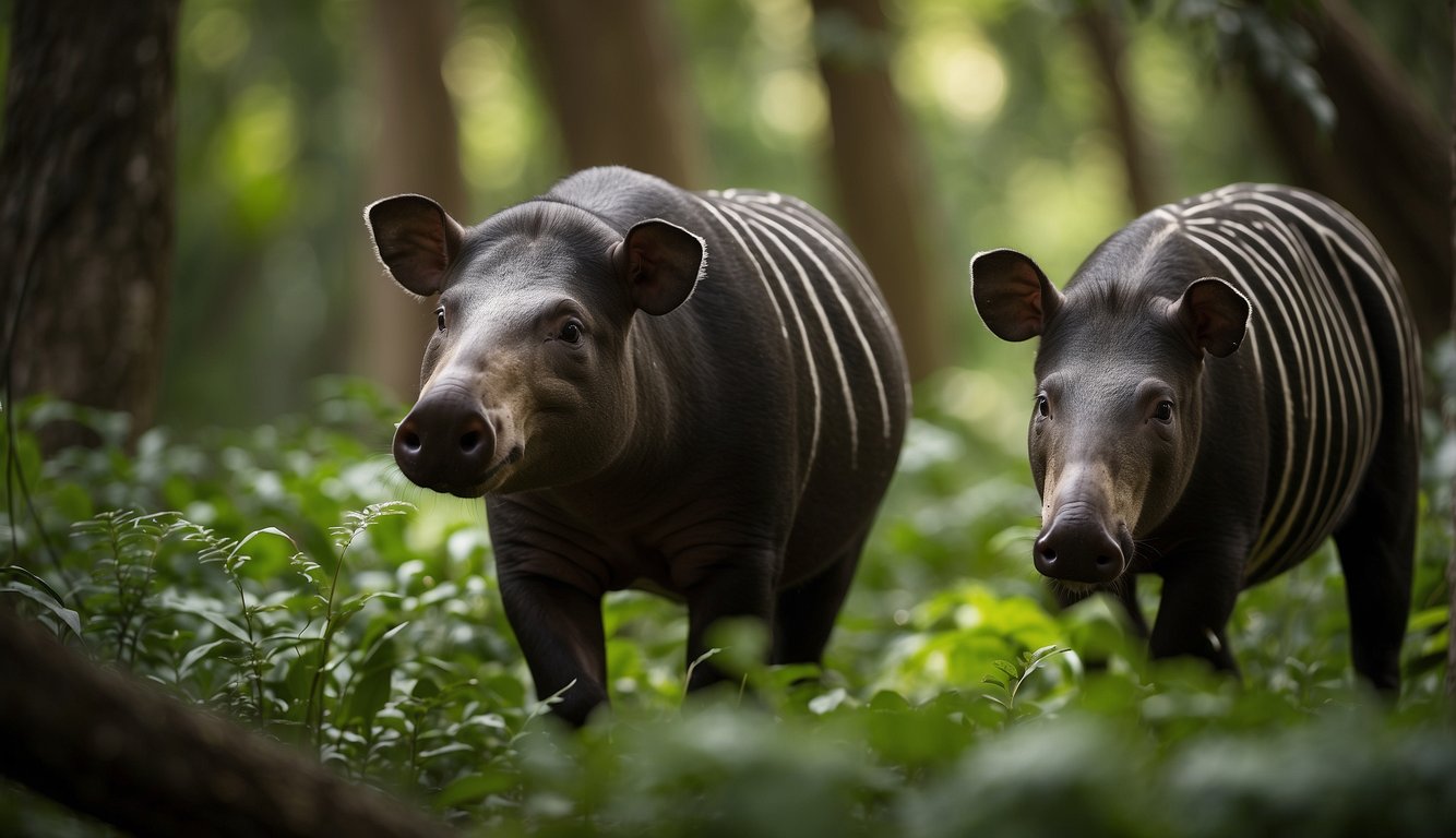 A tapir grazes peacefully in a lush, vibrant forest.

Nearby, conservationists work to protect its habitat, surrounded by diverse plant life and a variety of animals