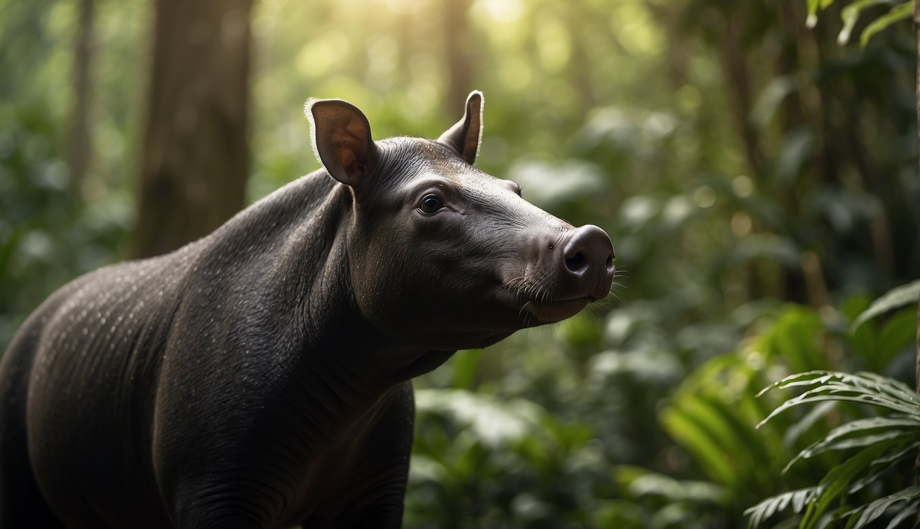 A tapir stands alone in a lush rainforest, its long snout sniffing the air.

Brightly colored birds flit around, and the dense foliage creates a sense of mystery