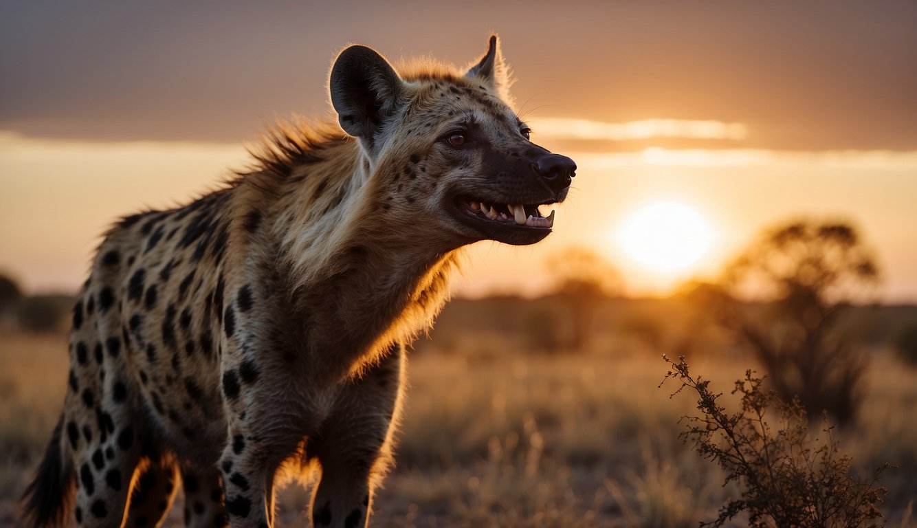 A hyena stands on the African plains, head thrown back in laughter, surrounded by scattered bones and carcasses.

Sunset casts a warm glow over the savanna, adding a sense of eerie beauty to the scene