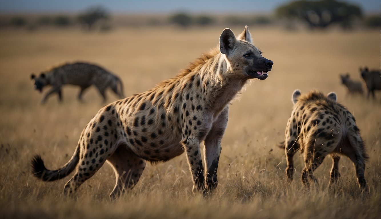 A hyena cackles loudly while chasing a wildebeest carcass, contrasting with a group of hyenas scavenging for food amid the African plains