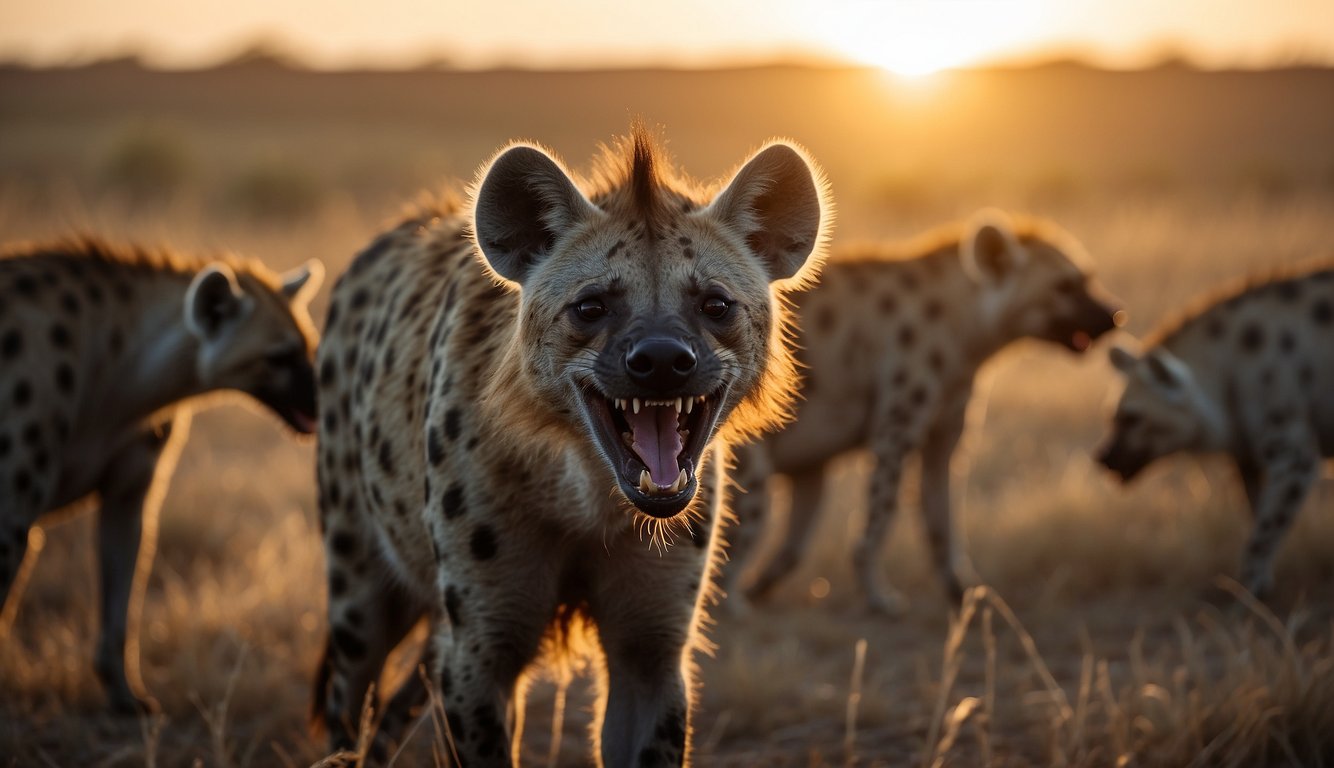 A hyena laughs loudly while scavenging for food on the African plains, surrounded by other scavengers.

The sun sets in the background, casting a warm glow over the savannah