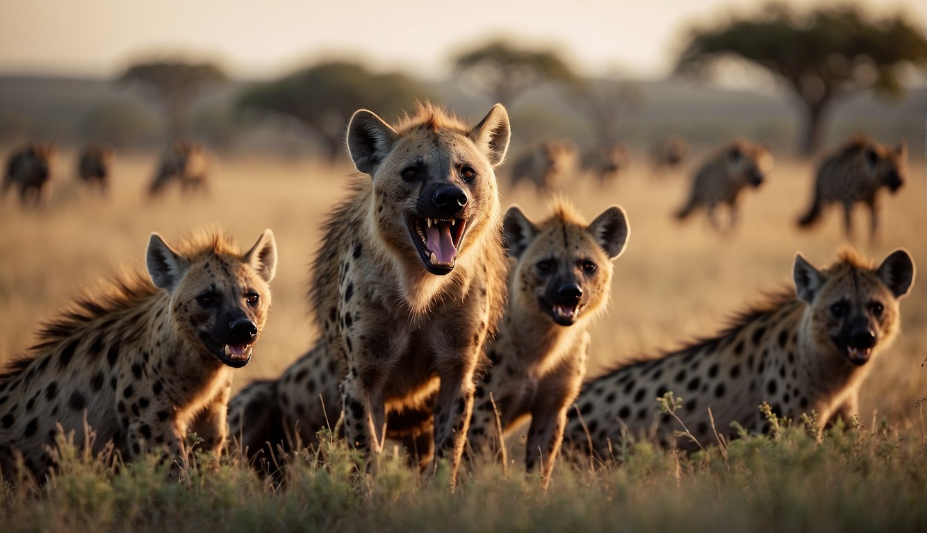 Hyenas gather around a fresh kill on the African plains, their distinctive laughs echoing through the savannah as they scavenge for food