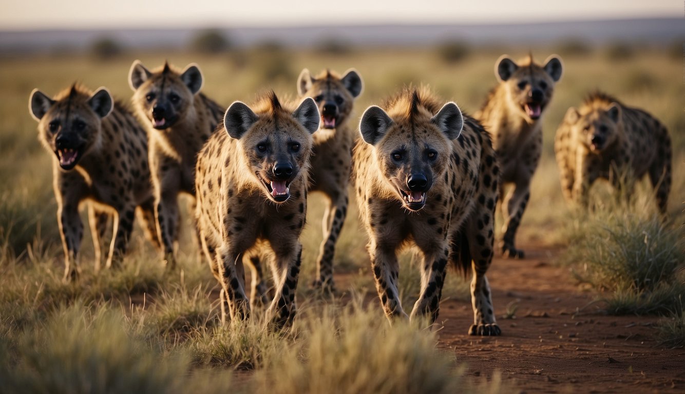 Hyenas gather around a fresh kill on the African plains, their sharp laughter echoing through the savannah as they scavenge for food
