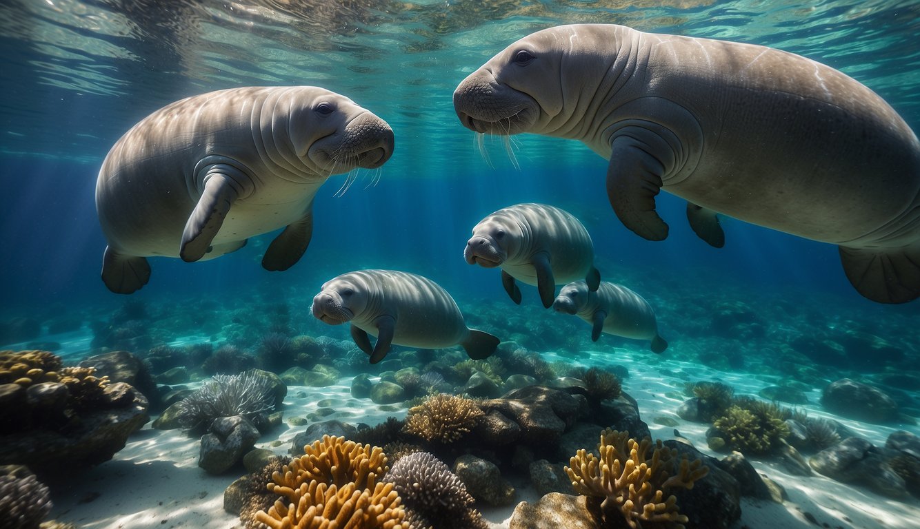 A group of manatees peacefully gliding through crystal clear waters, surrounded by vibrant coral reefs and colorful marine life
