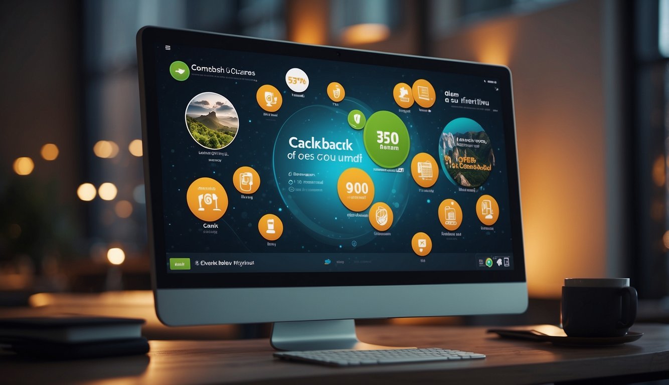 A computer screen showing a cashback platform with educational offers in Brazil. Icons of online courses and cashback rewards are displayed
