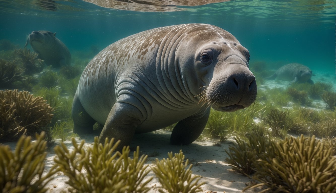 A manatee peacefully grazing on seagrass in the crystal-clear waters of a coastal estuary, surrounded by a variety of marine life
