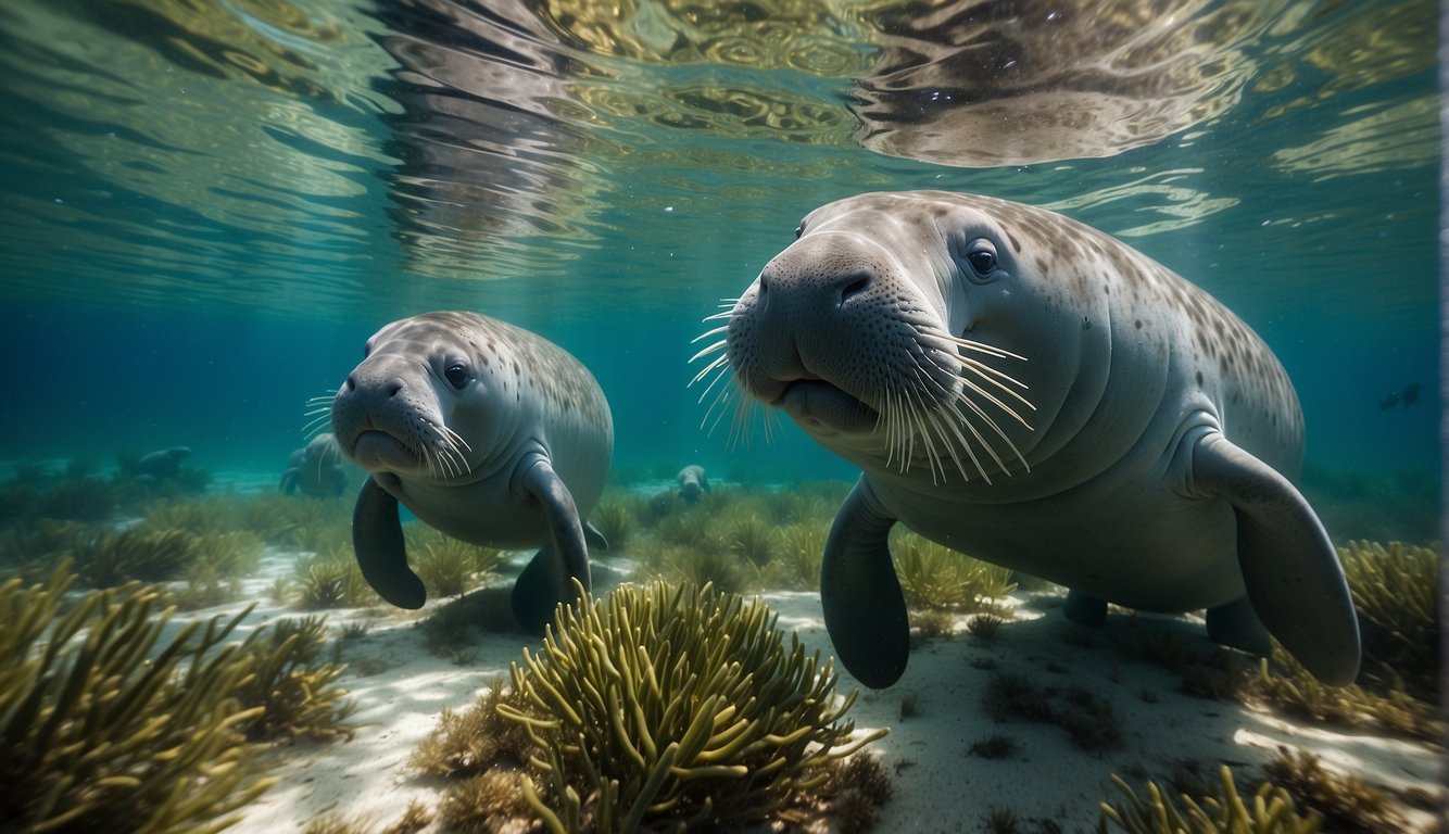 A serene underwater scene with a family of manatees peacefully grazing on sea grass in crystal clear waters, surrounded by vibrant marine life