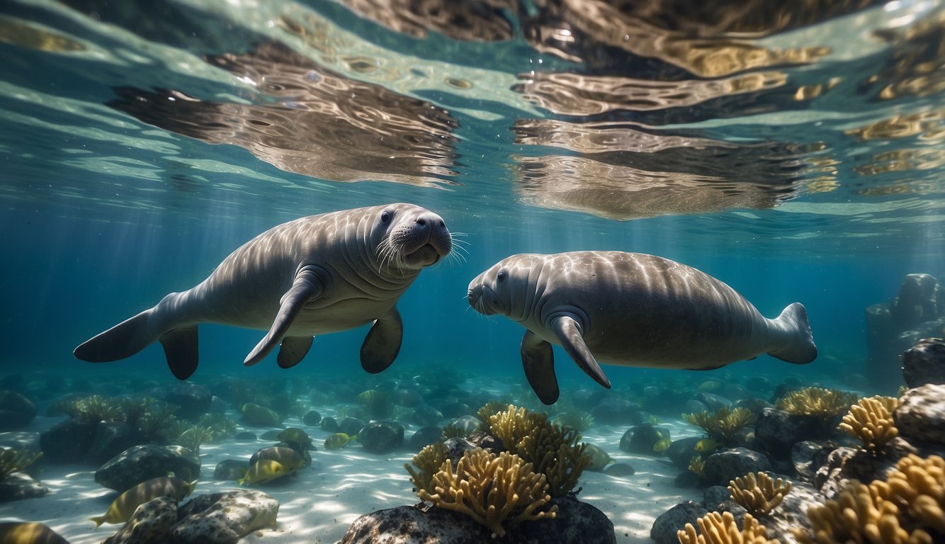 A group of manatees peacefully swimming in crystal-clear waters, surrounded by colorful coral and vibrant marine life.

Sunshine filters through the water, creating a serene and tranquil atmosphere