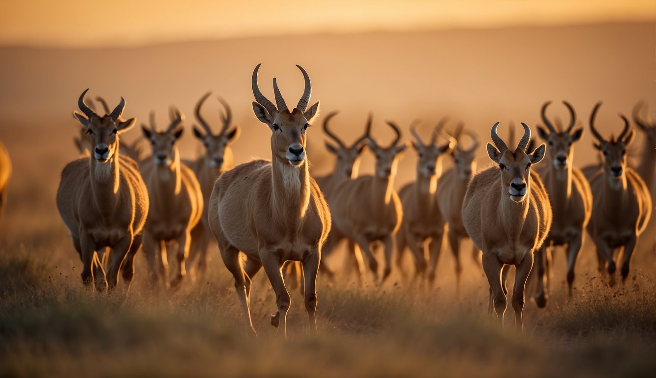 A herd of saiga antelopes gallops across the vast steppe, their distinctive curved horns and slender bodies creating a striking silhouette against the golden horizon