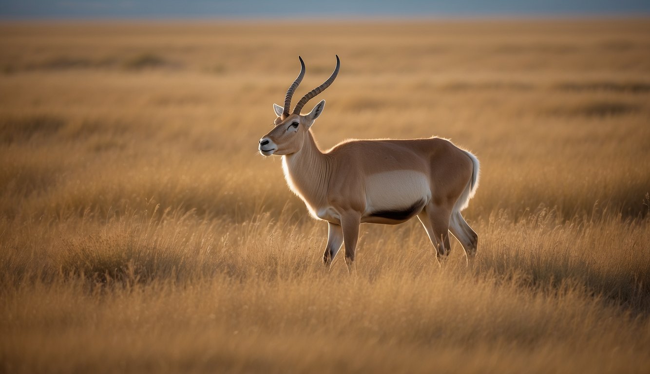 Saiga antelope roam vast grasslands, their distinctive hooked noses sniffing the air.

A herd migrates across the steppe, blending into the golden landscape