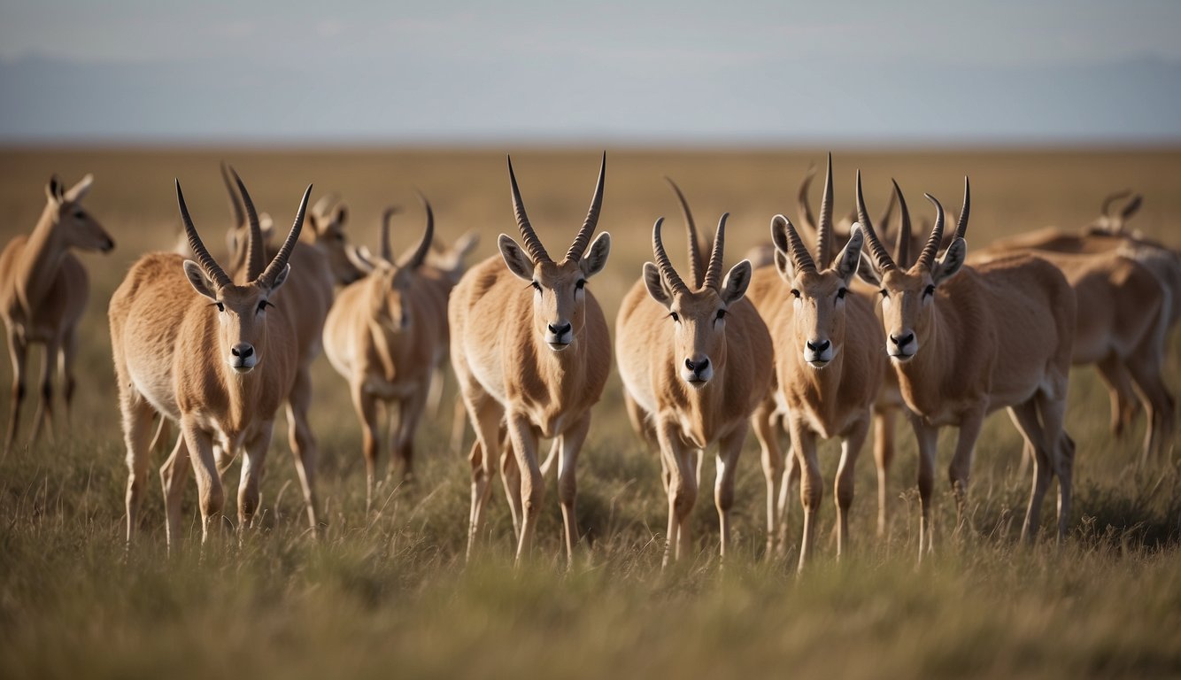 A herd of saiga antelopes grazes on the vast steppe, their distinctive large noses and curved horns visible as they move across the open landscape